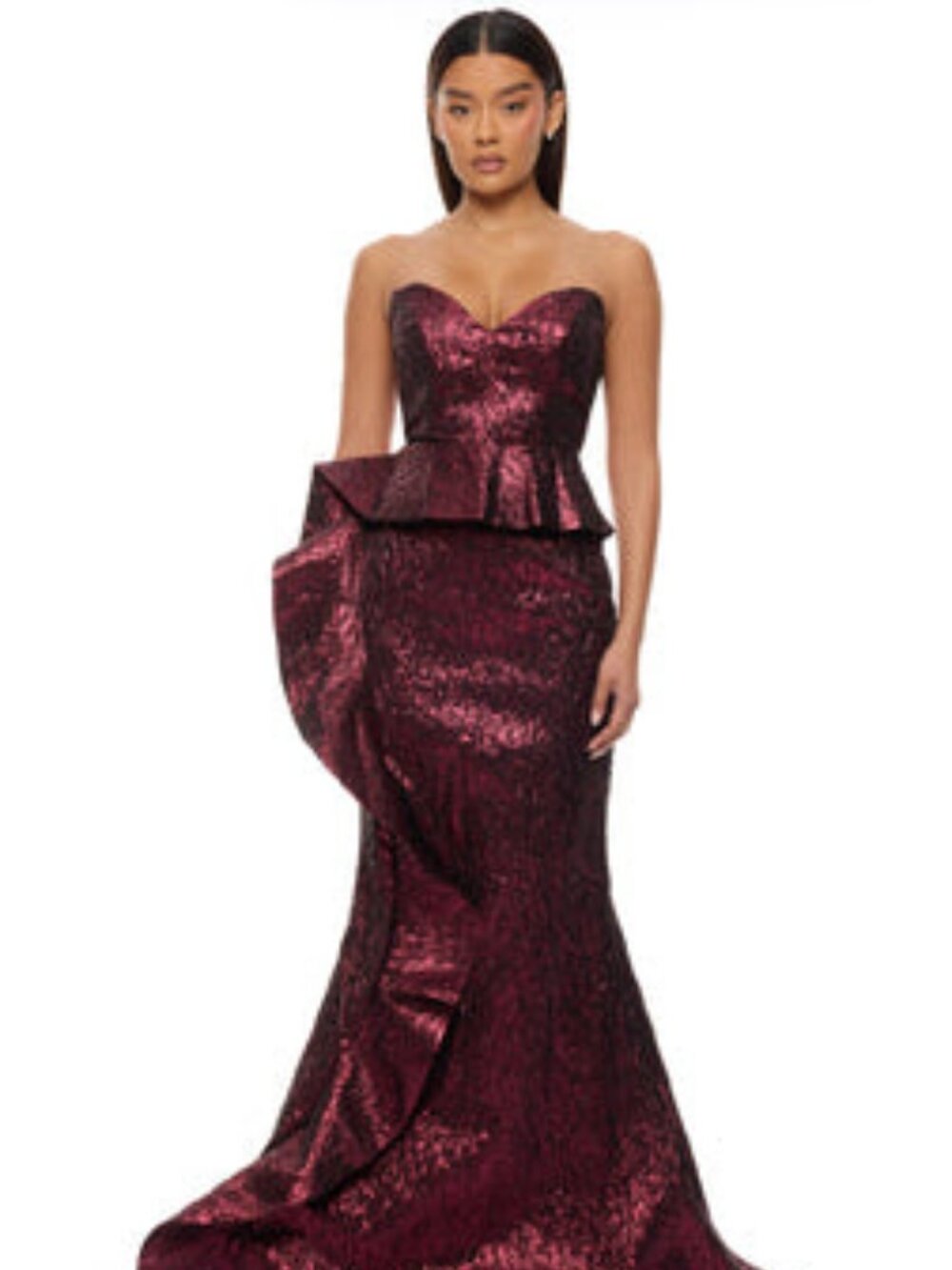 Fashionnova  Luxe Ciara Peplum Metallic Gown - Burgundy
